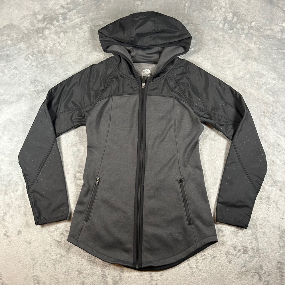The North Face Womens Gray Black Hybrid Fleece Full Zip Hoodie Jacket Small